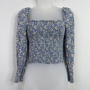 Reformation Shirt Womens M Blue Floral Smocked Romantic Cottagecore Boho 90s Y2K